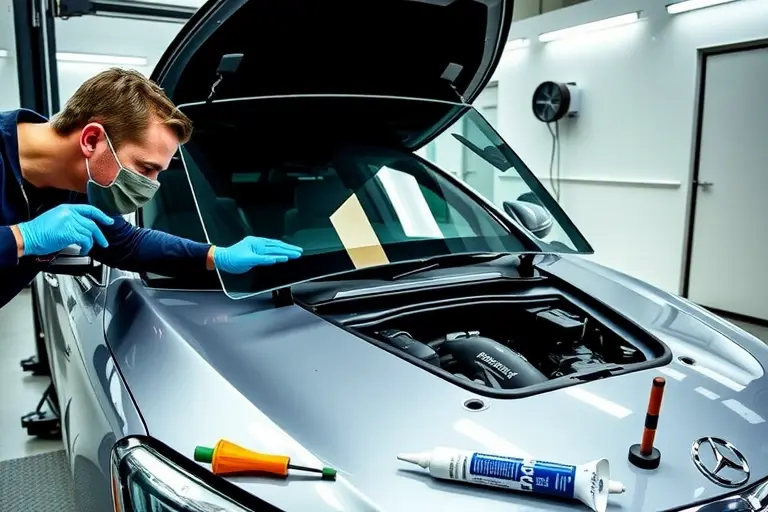 A detailed workshop scene showing a mechanic installing a new windshield on a Mercedes Benz S 580 4.0 V8 Turbo MHEV 503. The car is positioned on a lift with the hood open, the windshield frame visible. The mechanic, wearing protective gloves and a face mask, is carefully aligning the new glass panel. Tools such as a suction cup, a glass cutter, and a sealant dispenser are placed neatly on a workbench. The background includes a clean, organized garage environment with a subtle reflection of the car on a polished floor. The lighting is bright and evenly distributed, highlighting the glass clarity and the metallic finish of the vehicle.