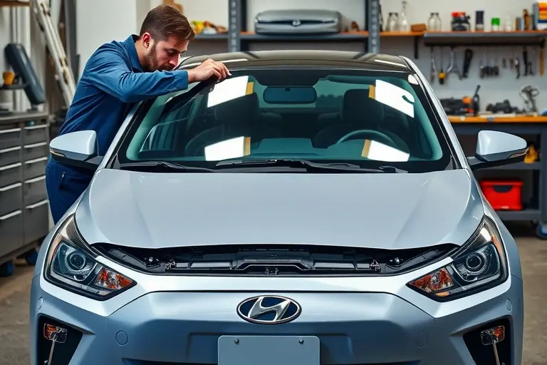 A detailed workshop scene showing a mechanic replacing the windshield of a Hyundai Ioniq 5 electric car, with the car's front exposed, the old glass removed, a new windshield being fitted, tools and a workbench in the background
