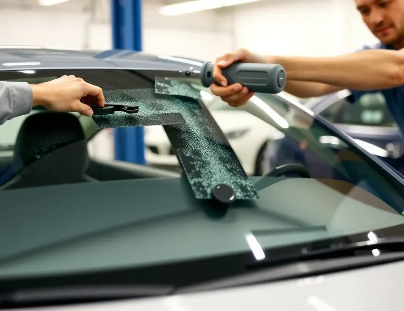 A close-up shot of a car windshield being replaced by a technician. The windshield is being removed with specialized tools, and a new Fulwin T9 windshield is being installed. The car is a modern sedan, and the background is a clean, well-lit workshop. Focus on the technical process and the quality of the new windshield.