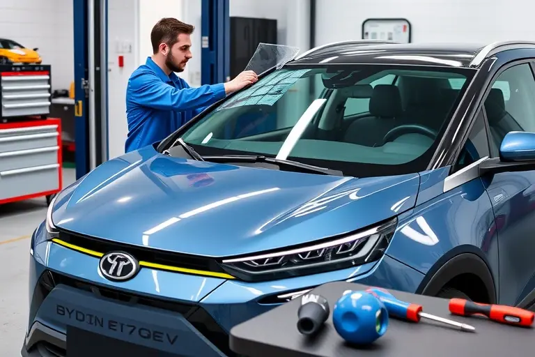 A modern BYD Qin EV (2021 model) parked in a clean auto repair workshop, with a professional mechanic in a blue jumpsuit carefully removing the cracked windshield and holding a new windshield ready for installation. The focus is on the car's front end, the windshield frame, and the tools (suction cups, screwdriver, protective gloves) on a workbench. The scene is bright, realistic, and emphasizes the replacement process without any text or logos.