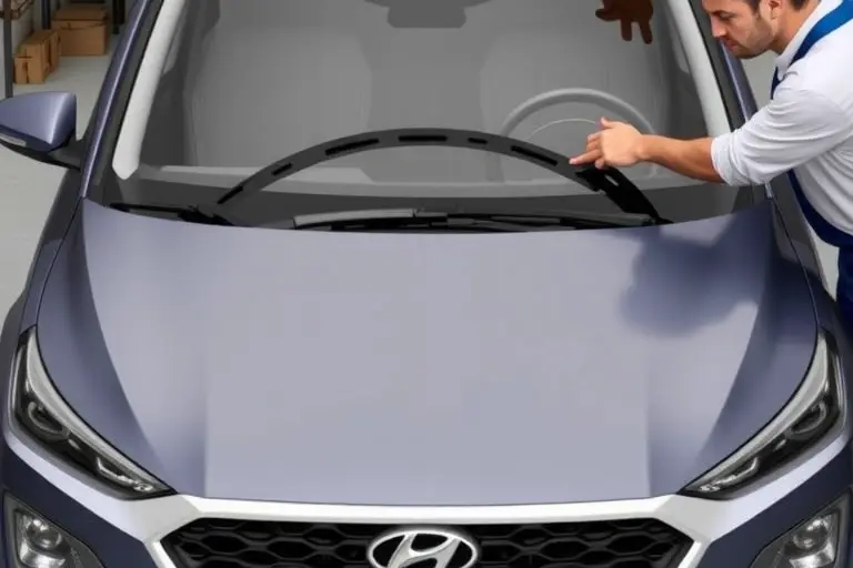 A realistic, high-resolution depiction of a mechanic replacing the windshield of a 2021 Hyundai Tucson 1.6 Hybrid 230 hp, showing the car's front, the new windshield, the mechanic's hands and tools, and the removal of the old glass, with a clear, detailed view of the vehicle's exterior.