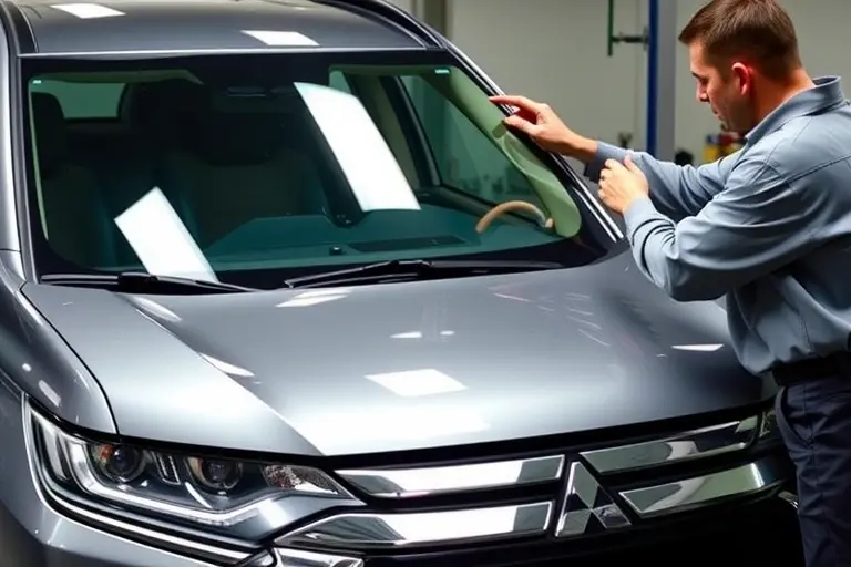 A detailed, realistic depiction of a mechanic replacing the windshield on a Mitsubishi Outlander PHEV 2.4. The scene shows the car's front side with the hood slightly open, the old windshield removed and a new one being installed. Tools such as suction cups, a cleaning brush, and a protective cover are visible. The background is a workshop setting with subtle lighting, emphasizing the precision of the replacement process.