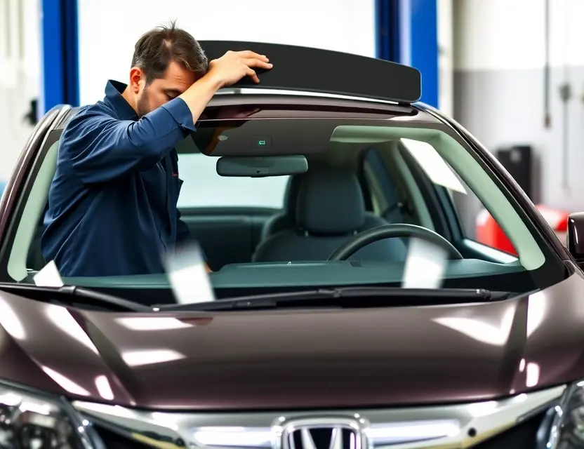 Замена лобового стекла Honda HR-V A professional mechanic replacing the windshield of a Honda HR-V. The car should be in a well-lit garage or service center, with the mechanic using appropriate tools and safety equipment. The windshield should be partially removed, showing the process of installation. The car's interior should be visible through the partially removed windshield.