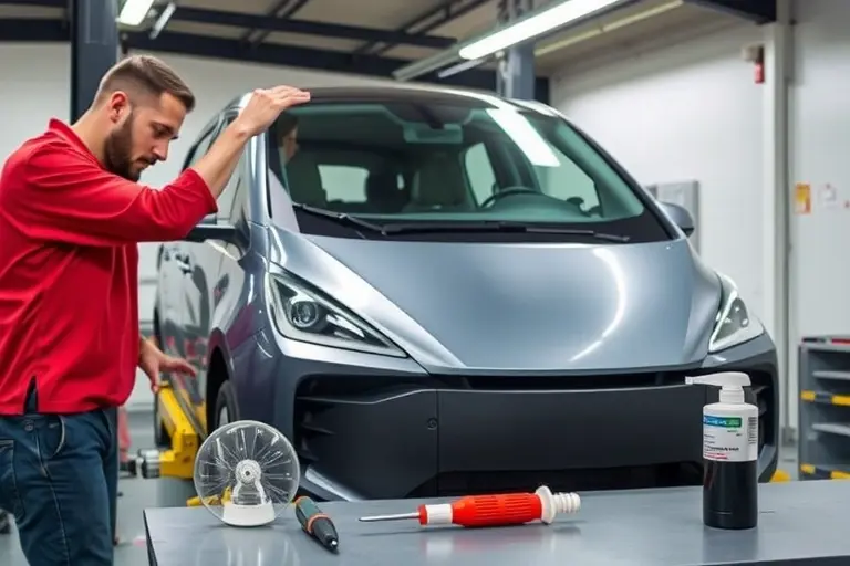 A mechanic in a garage replacing the windshield of a 2022 Maxus Mifa 9 electric car. The car is positioned on a lift, the old windshield is removed, a new clear windshield is being installed. Tools such as a suction cup, a glass cutter, and a sealant dispenser are on a workbench. The background shows a clean, well-lit workshop with safety signs. The scene is realistic, high detail, no text or logos.