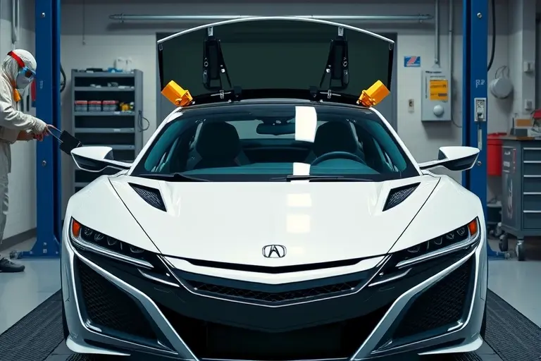 A realistic, high‑detail scene of an Acura NSX NC1 hybrid (2016‑2022) in a professional auto repair garage, showing the front windshield being removed and a new windshield being installed. The car is centered, a mechanic in protective gear uses suction cups and tools to work on the windshield area. The workshop background includes clean equipment and tools, with no logos or text.