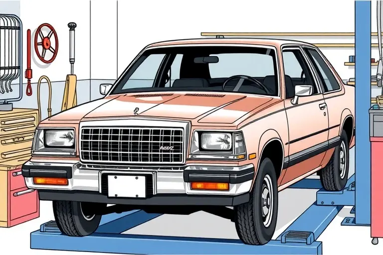 A detailed illustration of an AMC Eagle (model years 1979-1988) with a 5.0 L V8 engine, showing a mechanic in a workshop replacing the front windshield. The car is positioned on a lift, the old windshield is being removed, and a new windshield is being aligned. Include realistic tools such as suction cups, a windshield removal tool, and protective gloves. Emphasize the car's distinctive boxy shape, the chrome grille, and the classic headlights, with a focus on the windshield area and the hands of the mechanic working carefully.