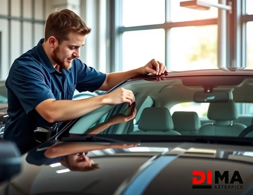 A high-quality image depicting a car windshield replacement service performed by DMA. The image should showcase a technician working on a car windshield, with the DMA logo subtly visible. The car should be a modern sedan. Focus on the professionalism and efficiency of the service.