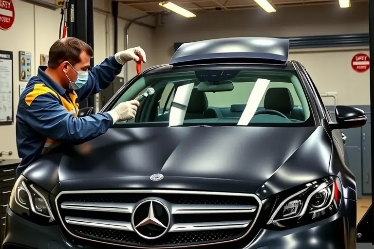 A realistic, high-resolution depiction of a mechanic replacing the windshield on a Mercedes Benz E 350 2.0 Turbo MHEV 258 hp. The scene shows the car on a hydraulic lift in a workshop, with the mechanic wearing protective gloves and a face mask, using a windshield removal tool. The new windshield is being fitted into the car's frame, with clear glass and a subtle reflection of the workshop lights. The background includes workshop equipment, a workbench, and a safety sign. The image should emphasize accurate lighting, shadows, and the detailed interior of the car's front panel.