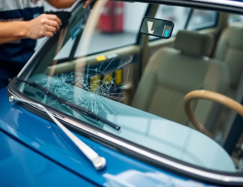 A close-up shot of a Borgward BX3 with a cracked windshield being replaced by a mechanic. The focus is on the replacement process, showing the new windshield being installed. The car should be parked on a clean, well-lit surface.