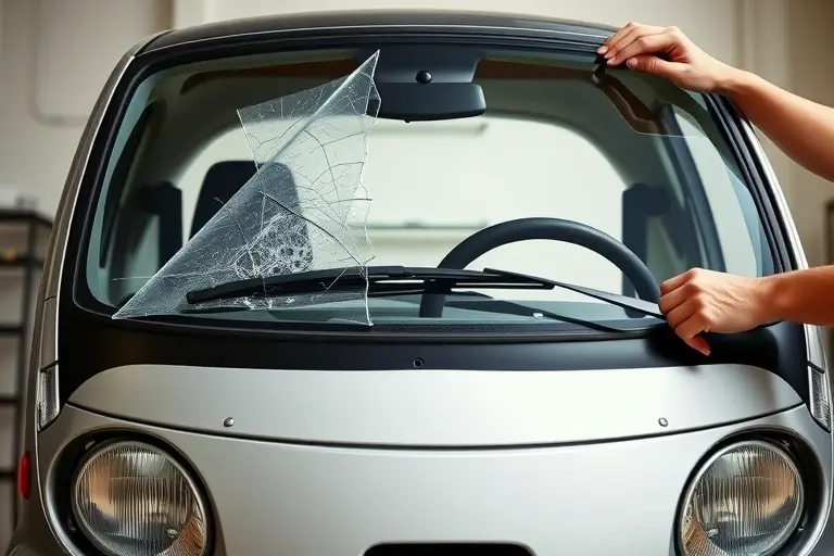 A close-up, realistic depiction of a mechanic replacing the windshield of a Microcar M.Go diesel 0.5L 8hp (2005 model). The image should show the car’s front profile with the old cracked windshield partially removed, a new clear windshield being fitted, and the mechanic’s hands and tools (e.g., suction cup, adhesive, wiper blades) in action. The setting is a well-lit garage or workshop with a simple, neutral background that highlights the vehicle and the replacement process. No text, logos, or identifying marks should be visible.