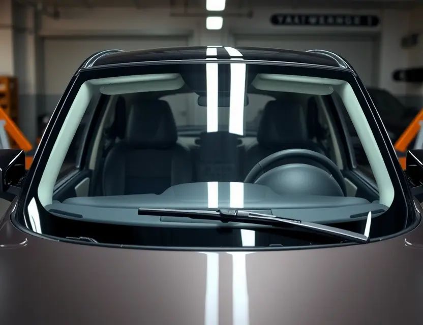 A Yangwang U9 car with a newly replaced windshield, showing a clean, unobstructed view through the front glass, parked in a modern garage with soft ambient lighting, no people, no tools, no text or labels