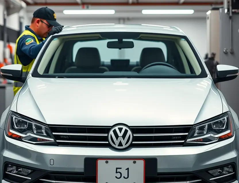 A high-quality, realistic photo of a Volkswagen Jetta VS5 with its windshield being replaced by a professional mechanic in a clean, well-lit auto repair shop. The image should focus on the front of the car, showing the windshield area clearly without any text, logos, or watermarks. The mechanic is wearing safety gear and using professional tools. The background is slightly blurred to emphasize the car and the repair process.