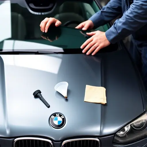 A detailed close-up of a mechanic replacing the windshield of a BMW 1er E81 1.8 d (2004–2011). The scene shows the front of the car with the old windshield removed, the new glass being fitted, tools such as a suction cup, a wedge, a cleaning cloth, and a small amount of adhesive. The focus is on the car's front fascia, the glass, and the mechanic's hands. The background is a workshop setting with subtle lighting and no other cars or distracting elements.