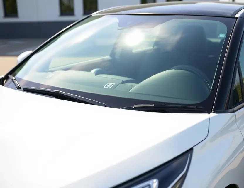 A high-quality image depicting a DS Automobiles DS 4 with a replaced windshield. The car is parked outdoors on a clean, bright day. The replaced windshield should be clearly visible, showing the new glass. Focus on the details of the replacement process, such as the technician working on the windshield or the tools used. The background should be slightly blurred to emphasize the car.