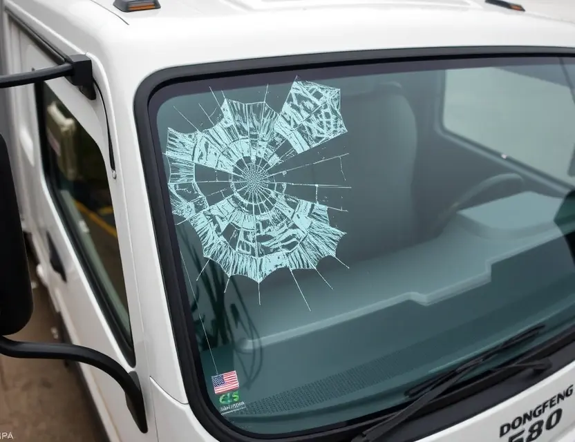 A close-up shot of a Dongfeng 580 truck with a cracked windshield, showing the area where the windshield needs replacement. The truck is parked on a paved surface. Focus on the damaged windshield area.