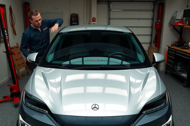 A high-resolution image of a mechanic replacing the windshield on a Lucid Air Sapphire electric car in a garage, showing the car's front, the old windshield being removed, the new windshield being installed, with tools and a workbench in the background.