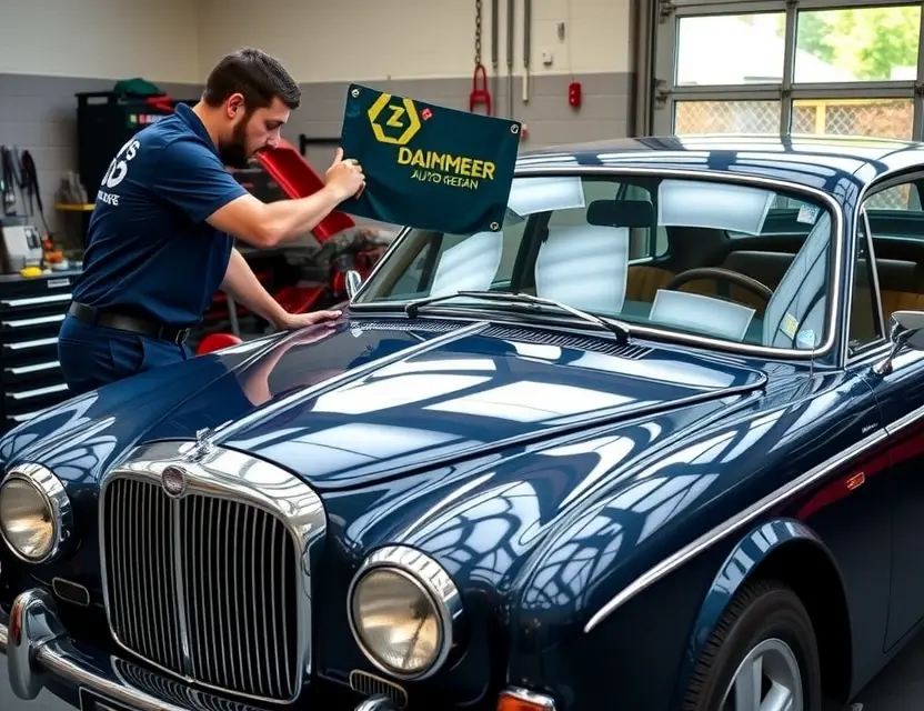 Замена лобового стекла Daimler Sovereign A Daimler Sovereign car with a technician replacing the front windshield, showing the process of removing the old glass and installing the new one, in a professional auto repair shop setting with tools and equipment visible, natural lighting, high detail