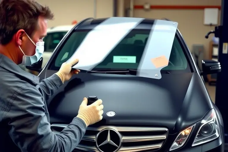 A detailed scene of a mechanic replacing the windshield of a Mercedes Benz E 450 3.0 I6 Turbo MHEV 381 in a garage. The car is positioned on a lift, the old windshield is removed, a new clear glass panel is being installed. The mechanic wears a safety mask and gloves, uses a suction cup tool. The garage has a workbench, a set of tools, and a clear view of the car's front. The focus is on the windshield area, the mechanic's hands, and the new glass. No text or logos in the image.