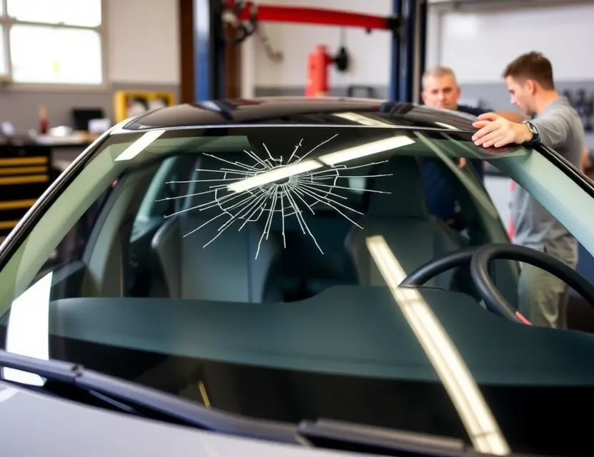 A Genesis GV80 with a cracked windshield undergoing a windshield replacement. The replacement windshield is being installed by a technician in a garage setting. Focus on the process of the replacement, showing the technician's hands and tools.