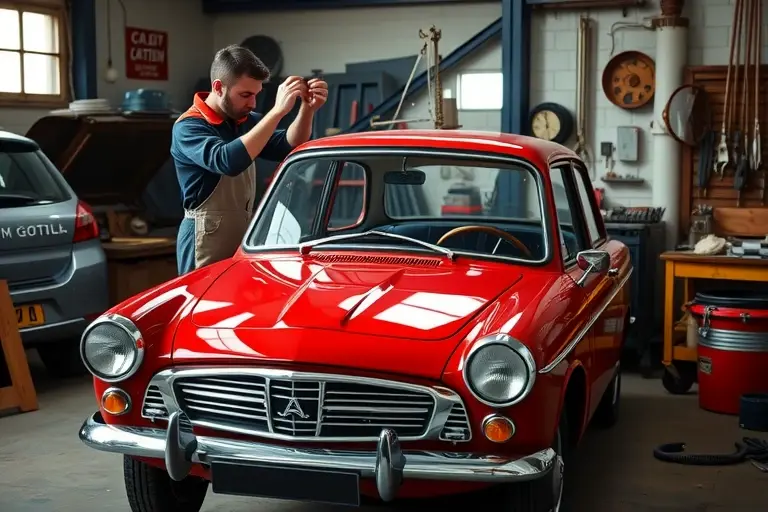 A classic 1960s AC Aceca 2.6 L car in a workshop setting, with a mechanic in period-appropriate overalls carefully removing the old windshield and holding a new glass panel, surrounded by vintage tools on a workbench, realistic lighting highlighting the car and the windshield replacement process