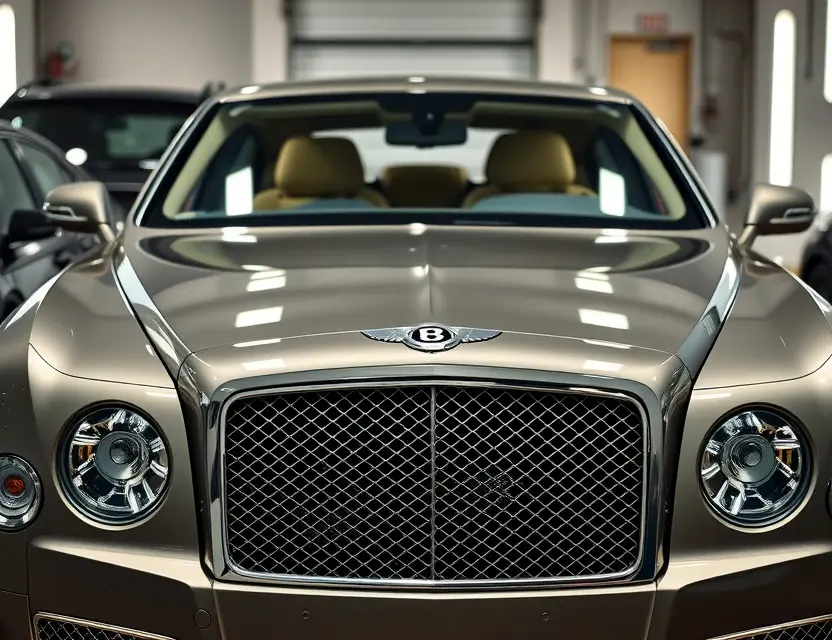 Замена лобового стекла Bentley Mulsanne A high-quality close-up of a luxury Bentley Mulsanne front end with a pristine, clear windshield installed, showcasing the sleek chrome grille and elegant headlights in a professional automotive workshop setting with soft lighting