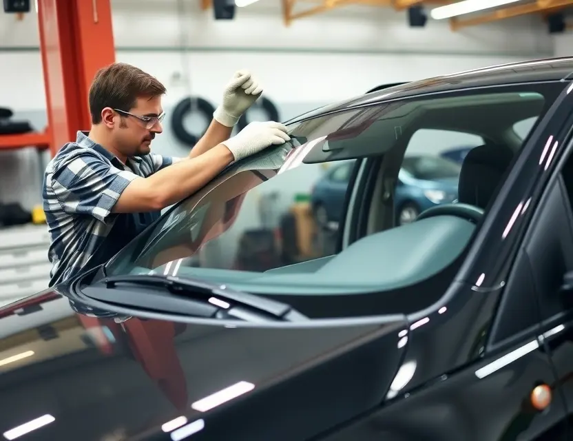Замена лобового стекла Fiat Tipo A professional mechanic replacing the windshield of a Fiat Tipo car. The scene should show the mechanic carefully removing the old windshield and preparing to install the new one. The car should be in a well-lit garage or workshop with all necessary tools and equipment visible. The mechanic should be wearing appropriate safety gear such as gloves and goggles.