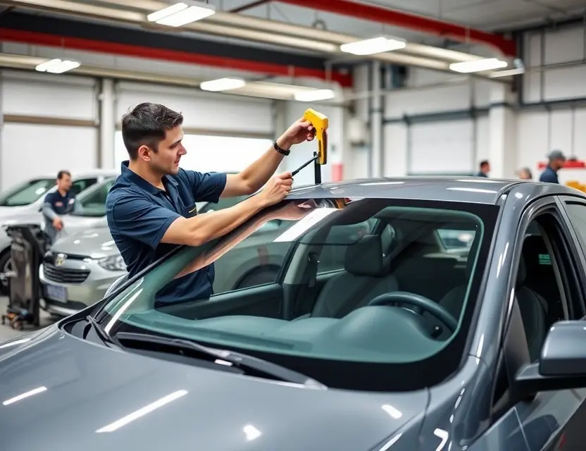 A professional automotive technician replacing the windshield of a Coda Sedan in a well-lit garage, using specialized tools, with the old windshield being removed and the new one being carefully installed, no people in the background, clean and organized workspace