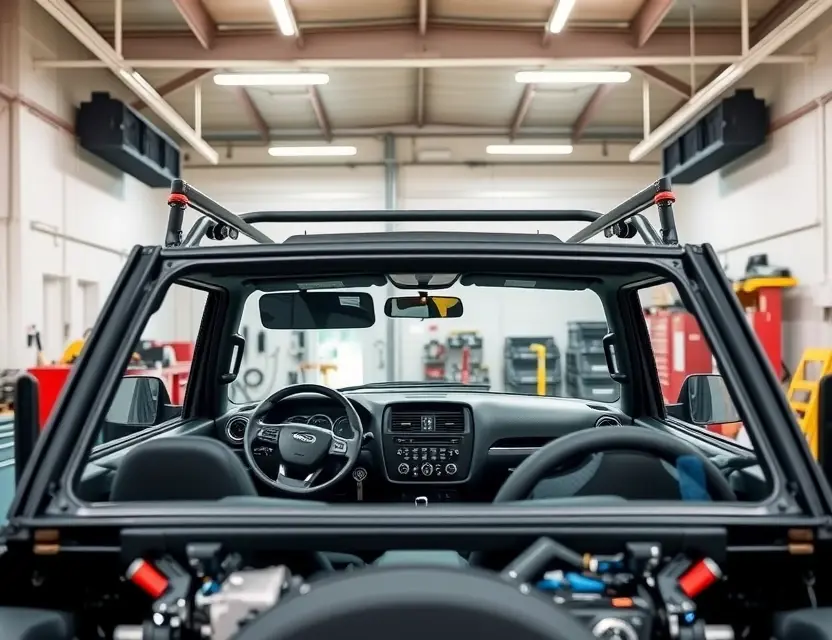 A high-quality photograph of a Bertone Freeclimber SUV with its windshield removed, showing the empty frame and the interior dashboard, set in a clean professional auto repair workshop with bright lighting and tools visible in the background
