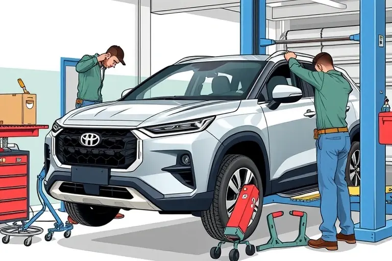 A detailed illustration of a mechanic replacing the windshield of a 2021 Jetour X70 2.0 Turbo 254 hp, showing the car on a lift, the old windshield removed, the new one being installed, with tools and safety gear, no text or lettering