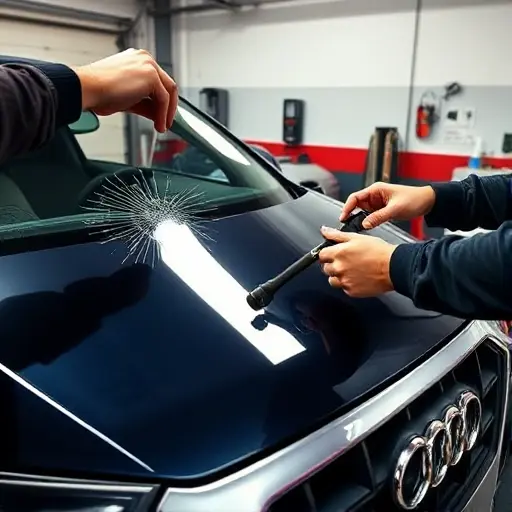 A close-up scene of a mechanic in a workshop replacing the windshield on a 2019 Audi Q5 2.0 TFSI. The image shows the car’s front side with the old cracked windshield removed and a new clear glass being fitted. The mechanic’s hands are visible using a suction cup and a glass cutter, with a cleaning solution bottle and a small toolbox in the background. The garage has a workbench, a car jack, and neatly arranged tools. Lighting is bright and evenly distributed, highlighting the glass and the car’s front fascia.