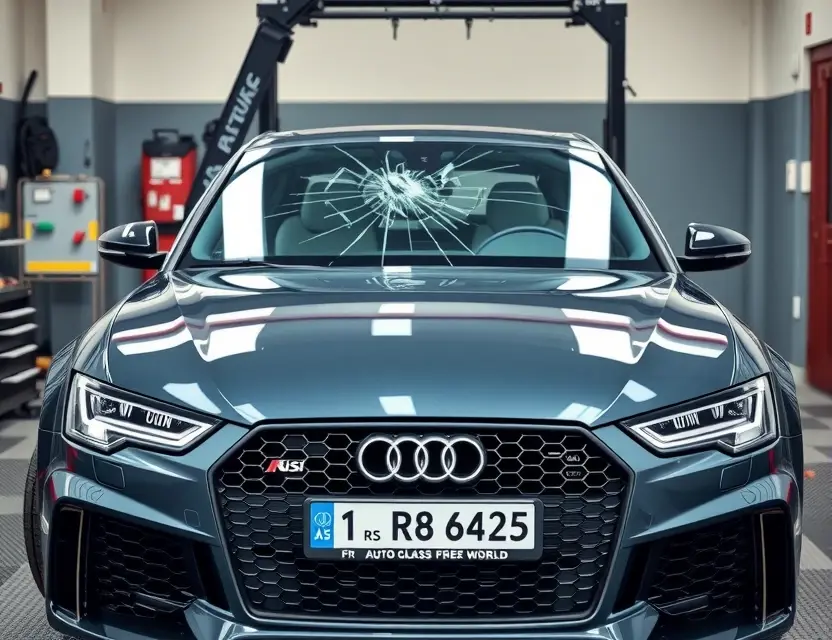 A high-quality image of an Audi RS6 with a cracked front windshield being replaced by a new clear windshield in a professional auto glass repair shop, realistic lighting, detailed car exterior, focus on the windshield replacement process, no text or numbers on the image
