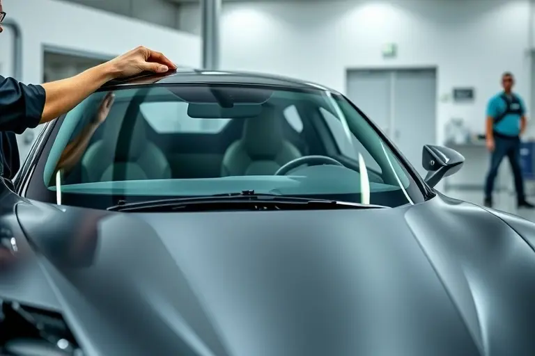 A detailed workshop scene showing a technician carefully replacing the windshield of a Maextro S800 electric car, 2024 model, with a 530 hp electric motor. The focus is on the car's front, the new clear glass panel being fitted, the technician's hands and tools, and the modern, clean interior of the workshop. The car's sleek design and electric features should be subtly visible, but no text or branding labels are present.
