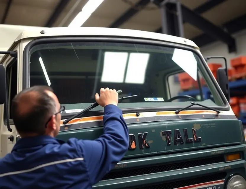 A mechanic is replacing the windshield of an Ashok Leyland Comet truck in a garage. The truck is raised on a lift, and the mechanic is using tools to remove the old windshield and install a new one. Focus on the truck's windshield area and the mechanic's hands working on it.