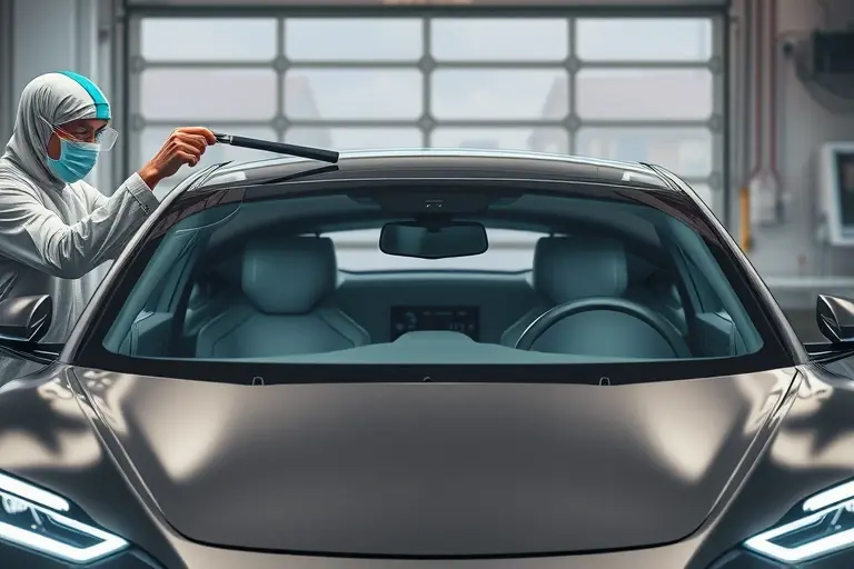 A high-resolution, realistic depiction of a Lucid Air Touring electric car with a 620-hp engine undergoing windshield replacement. The scene shows a well-lit garage with a mechanic in protective gear using a specialized windshield removal tool. The car’s front is partially exposed: the old windshield is removed, revealing the interior dashboard and the new clear glass being fitted. The car’s distinctive sleek silhouette is visible, but no brand logos, text, or numbers are present. The focus is on the mechanical process, tools, and the contrast between the old and new glass.