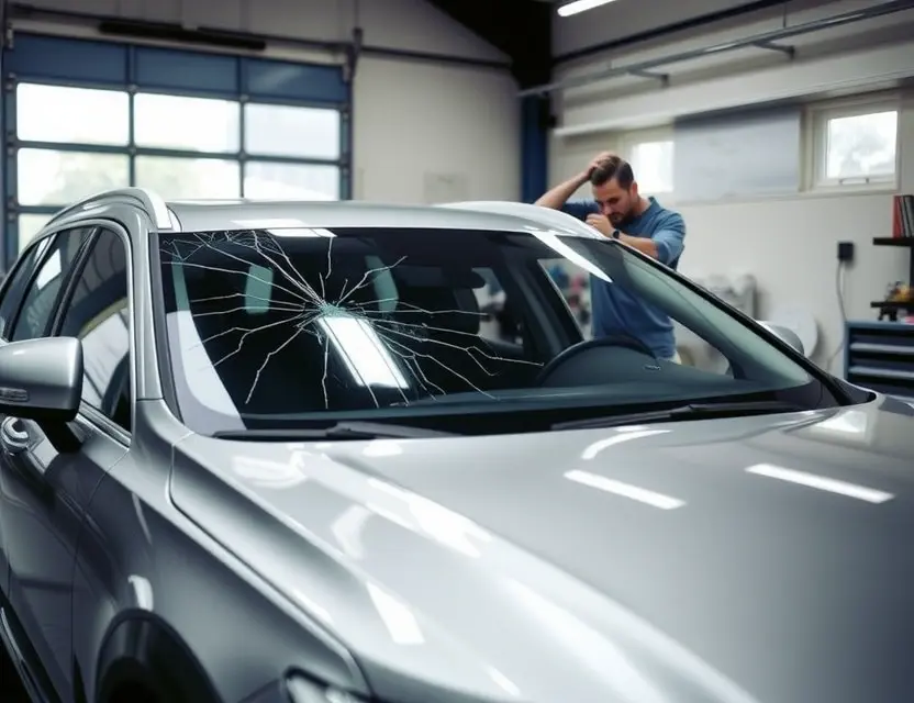 A Volvo EX90 with a cracked windshield undergoing a windshield replacement. The replacement windshield is being installed by a technician in a garage setting. Focus on the process of the replacement.