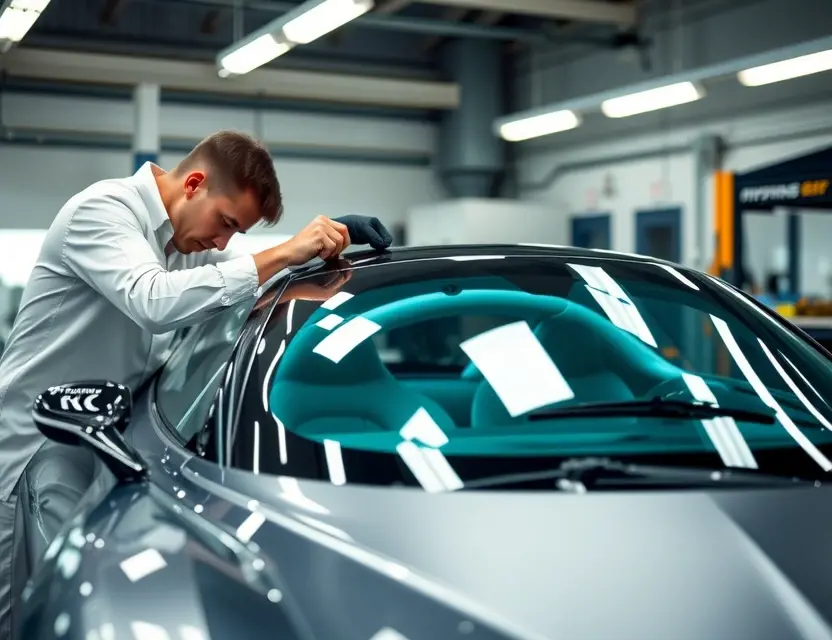Замена лобового стекла Pininfarina A Pininfarina-designed windshield replacement process in a modern automotive glass workshop. Focus on the precision and technology involved, showing technicians carefully installing a new windshield into a sleek, futuristic car. Include tools like suction cups, adhesives, and specialized equipment. The car should be partially visible, highlighting its aerodynamic design.