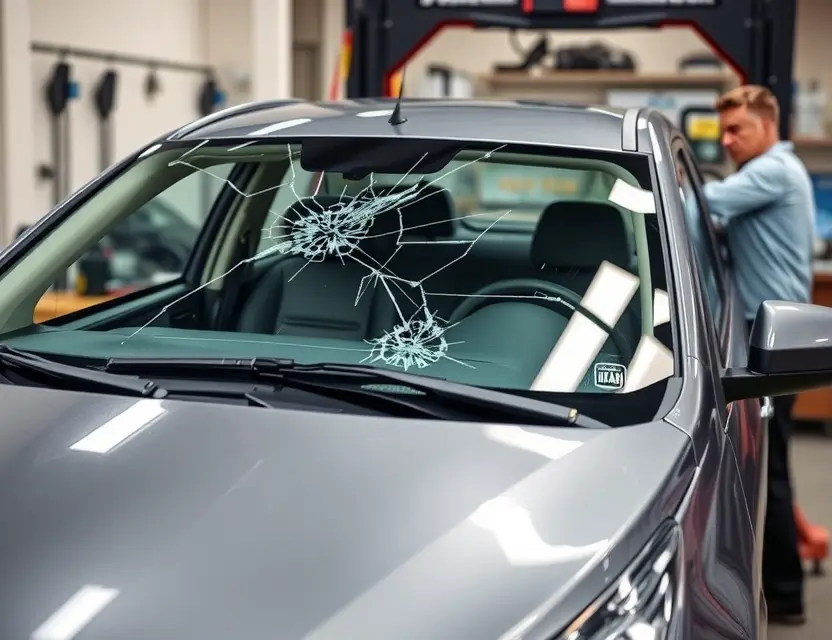 A Lifan car with a cracked windshield undergoing a windshield replacement service. The scene should depict a mechanic working on the car, tools visible, and a new windshield being installed. Focus on the replacement process.