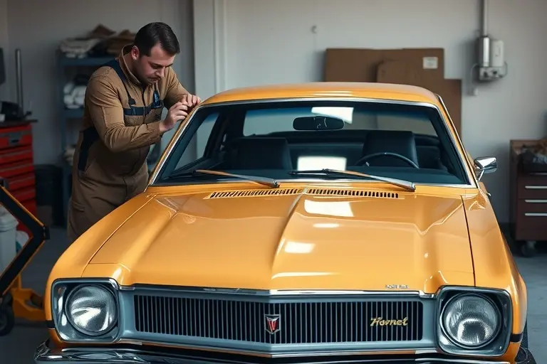 A classic 1970s AMC Hornet with a 5.0 L V8 engine parked in a workshop, a mechanic in coveralls carefully removing the old windshield and installing a new one. The scene shows the car's front end, the open windshield frame, tools like a suction cup and a wrench, and a clean, well-lit garage environment. Emphasize the vintage car details and the windshield replacement process.