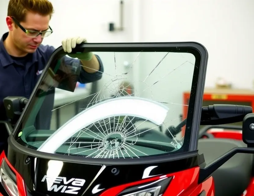 A Reva G Wiz with a cracked windshield being replaced by a mechanic. The mechanic is wearing safety glasses and gloves. The replacement windshield is being installed. The background shows a garage or workshop setting.
