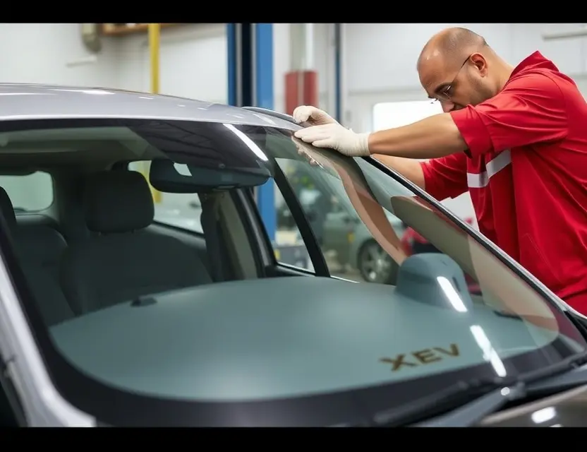 A car being serviced with a technician carefully replacing the windshield of a XEV vehicle, showing the new windshield being installed with professional tools, clean workshop environment, no text or labels visible