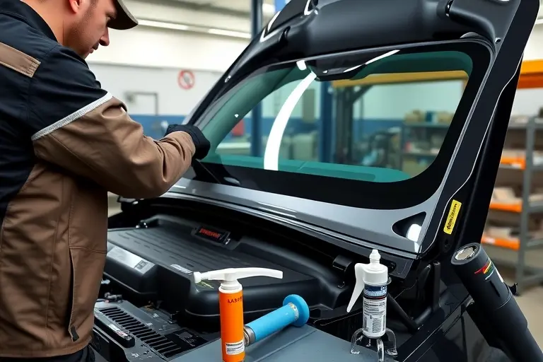 A mechanic in a garage, wearing gloves and a protective jacket, carefully installing a new windshield on a JAC T8 2.0 Turbo diesel car. The car is positioned on a lift with the hood open, revealing the windshield area. Tools such as a suction cup, a sealant dispenser, and a torque wrench are placed nearby. The background shows a clean workshop with a workbench and a storage rack. The scene is realistic, high detail, with natural lighting.