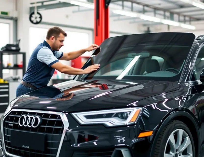 A professional automotive service center showing a technician carefully replacing a windshield on an Audi car, with clean tools and equipment, well-lit modern garage interior, no people other than the technician, no text or logos