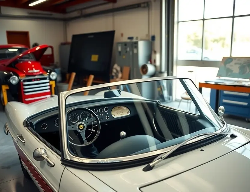 A vintage Berkeley T60 sports car parked in a professional auto repair shop with its windshield removed, showing the empty frame and exposed dashboard, with a new windshield resting on a nearby workbench, bright workshop lighting, clean environment, high detail, realistic automotive photography