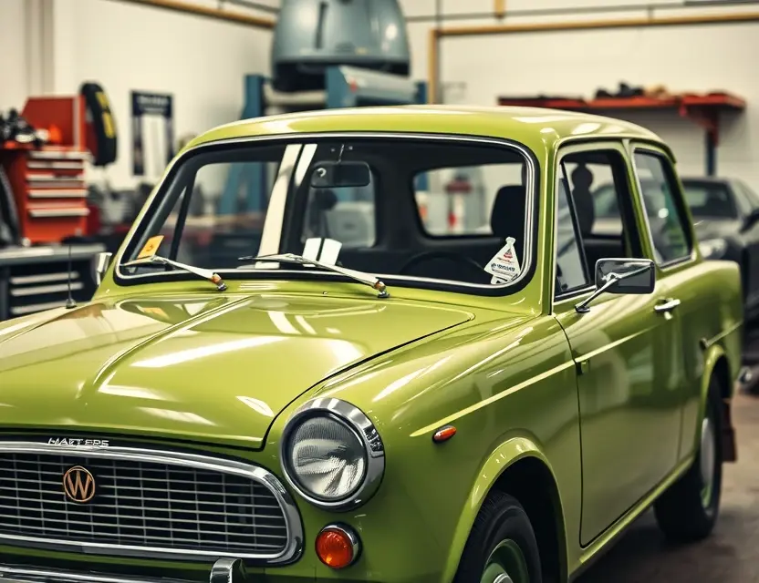 Замена лобового стекла Austin Metro A vintage Austin Metro car parked in a professional auto repair shop with a new windshield being carefully installed by a mechanic, bright workshop lighting, clean tools in the background, high detail, realistic automotive photography