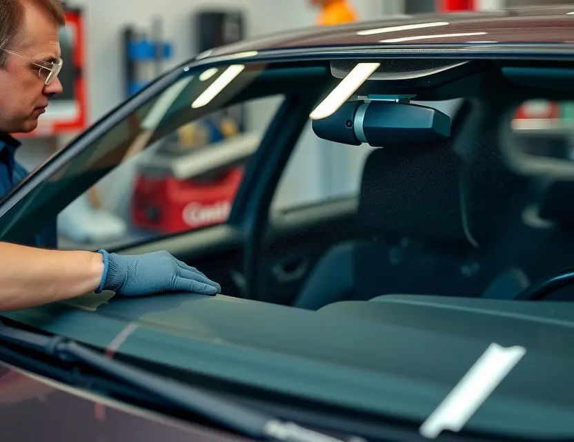 Предлагаем услугу по замене лобового стекла Talbot Horizon A close-up shot of a Talbot Horizon car windshield being replaced by a mechanic. The mechanic is wearing gloves and a safety glasses. The windshield replacement process is visible, with tools and parts around. Focus on the mechanics hands and the replacement windshield.
