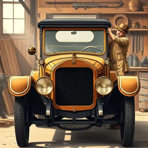 A detailed illustration of a vintage 1920s Brennabor Typ P automobile with its front view, showing a classic wooden-framed windshield being carefully removed and replaced by a mechanic in period-appropriate workwear. The scene is set in an old-fashioned workshop with period tools, wooden workbench, and soft natural lighting, emphasizing the historic car and the windshield replacement process.
