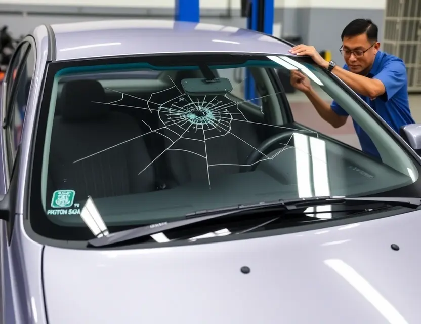 A Proton Saga car with a cracked windshield undergoing windshield replacement. The car is parked on a service bay with a mechanic working on the windshield. Focus on the replacement process and the car's exterior.