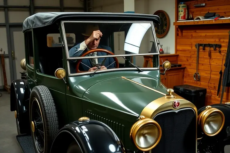 A vintage 1920s Alvis 12/50 automobile parked in a classic workshop, with a mechanic in period attire carefully removing the old curved windshield and installing a new glass pane. The scene shows the car's distinctive bodywork, wooden steering wheel, and early automotive details, with tools and wooden workbench in the background, capturing the historical atmosphere of a 1920s garage.