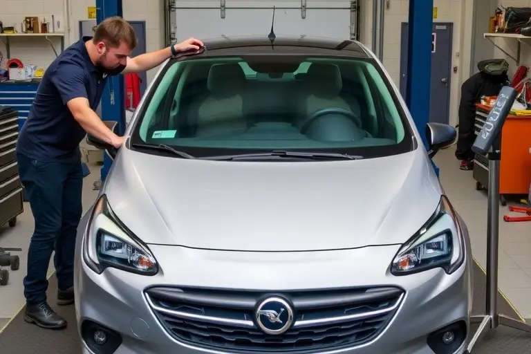 A Vauxhall Corsa 1.2 Turbo (2019) in a workshop, front view, with a mechanic carefully removing the old windshield and installing a new one, surrounded by automotive tools and a clean garage setting