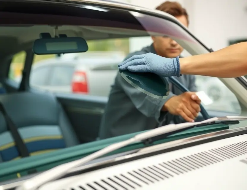 A close-up shot of an Oldsmobile car windshield being replaced by a mechanic. The mechanic is wearing gloves and a safety glasses. The windshield replacement process is visible, showing the old windshield being removed and the new one being installed. Focus on the hands and the replacement process.